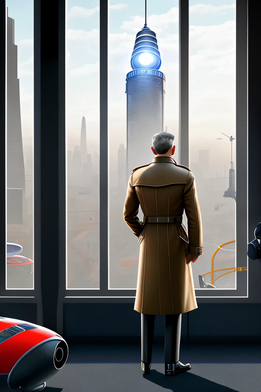 Highly realistic, detailed image of a seasoned detective in his 50s, wearing a trench coat, standing near a window, peering out at a futuristic robot on a playground. Middle-aged detective, experienced expression, trench coat attire, observant gaze, natural lighting, detailed facial features, vintage detective vibe, reflective glass window, playground setting, futuristic robot, advanced technology, sleek robot design, playground equipment, professional DSLR capture, high-resolution details, authentic detective portrayal, detailed environment, contemplative detective, thoughtful expression, captured by a skilled photographer.