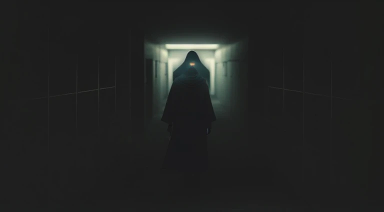 Image of a man standing in a dark room with lights on, Weird people silhouettes, weird person, Surreal hooded character, faceless people dark, Artyom Demula Pool, Masked man walking, Dark and weird characters, figure in dark cloak, in dim corridor, in dark corridor, Dark and eerie photos, dark illustration