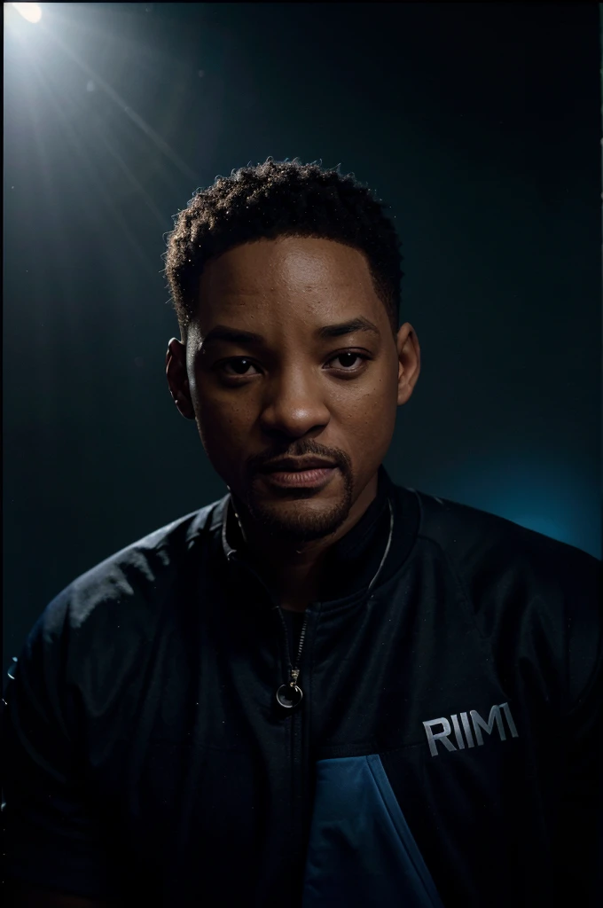 /upscale portrait of an award-winning photo of will smith posing in a dark studio, (rim lighting,: 1.4) dual-tone lighting, foco nítido, Blue-oil hue, octanagem, irreal, mal iluminado, chave baixa,