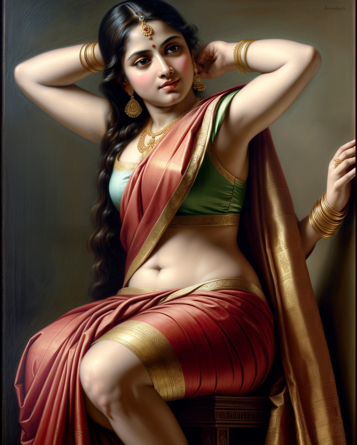 Beautiful Indian Woman, wearing saree, sari Beauty, gorgeous, Apsara, Maharani, royal queen woman, nymph from Hindu Mythology, Urvashi, matchless beauty, Highly detailed, Oil Painting by Peter Paul Rubens inspired by Raja Ravi Varma, Matchless beauty, captivating, gorgeous, heavenly beauty, celestial beauty, by Peter Paul Rubens, 1893, realistic, hyper realistic, micro details, incredible artwork, insane details, ultra High resolution, 8k, 32k,  acrylic on canvas, intricate, flawless, detailed, detailed face, detailed eyes, masterpiece, by Peter Paul Rubens, by Caravaggio, by William Adolphe bouguereau, perfect face, perfect body, beautiful art, realism, baroque, renaissance Art, highly textured, beautiful and detailed eyes, uhd, best quality,