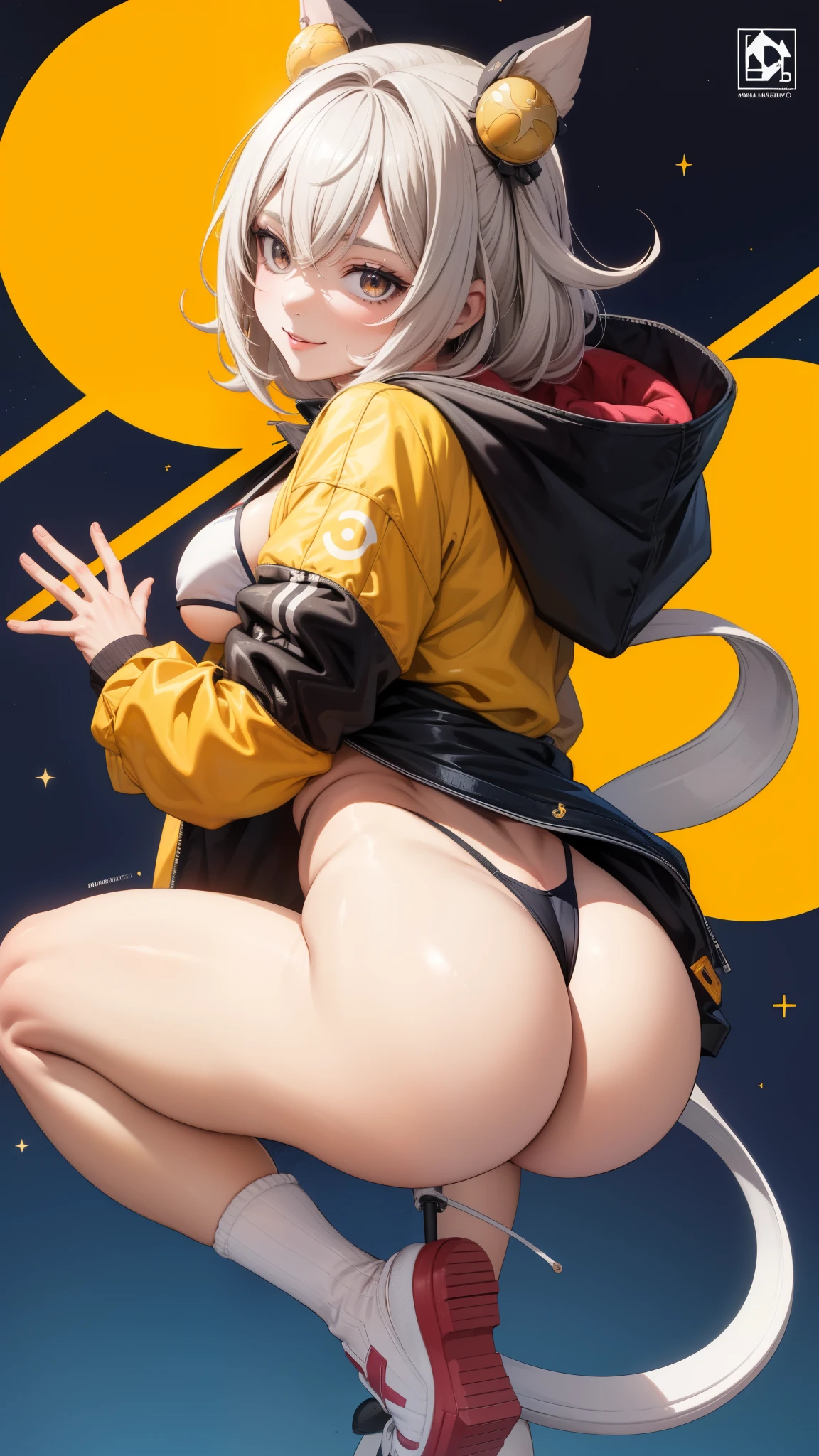 from behind, 1girl, cadeira de apoio, ass, (character:1.2), virtual youtuber, sorriso sexy, peitos medios, apalpando os peitos, sorriso sexy, (alta qualidade, 8k, obra prima, qualidade ultra, extremamente detalhado, bem colorido, no blurries, foco absoluto, impeccable quality), 1girl, highleg panties, hooded jacket, open jacket, hands, bikini, best quality, highly detailed