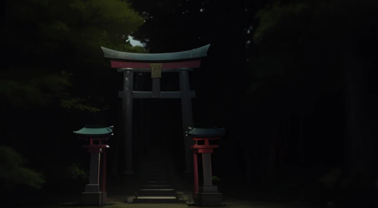 There a small shrine in the middle of the forest at night, Mysterious temple setting, Near this shrine, torii in the background, in the forest at night, Torii gate with trees on the mountain, Quiet forest night scene, This shrine, Inspired by Dongyang, Selangor, Evil spirits roam with lanterns