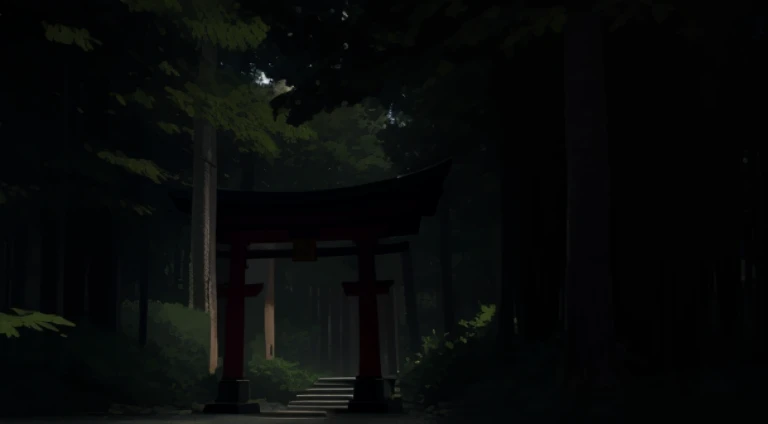 There  a small shrine in the middle of the forest at night, Mysterious temple setting, Near this shrine, torii in the background, in the forest at night, Torii gate with trees on the mountain, Quiet forest night scene, This shrine, Inspired by Dongyang, Selangor, Evil spirits roam with lanterns