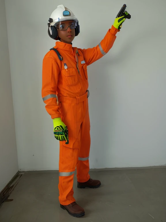saffety officer with white helmet, goggles, gloves, orange overalls and black skin
