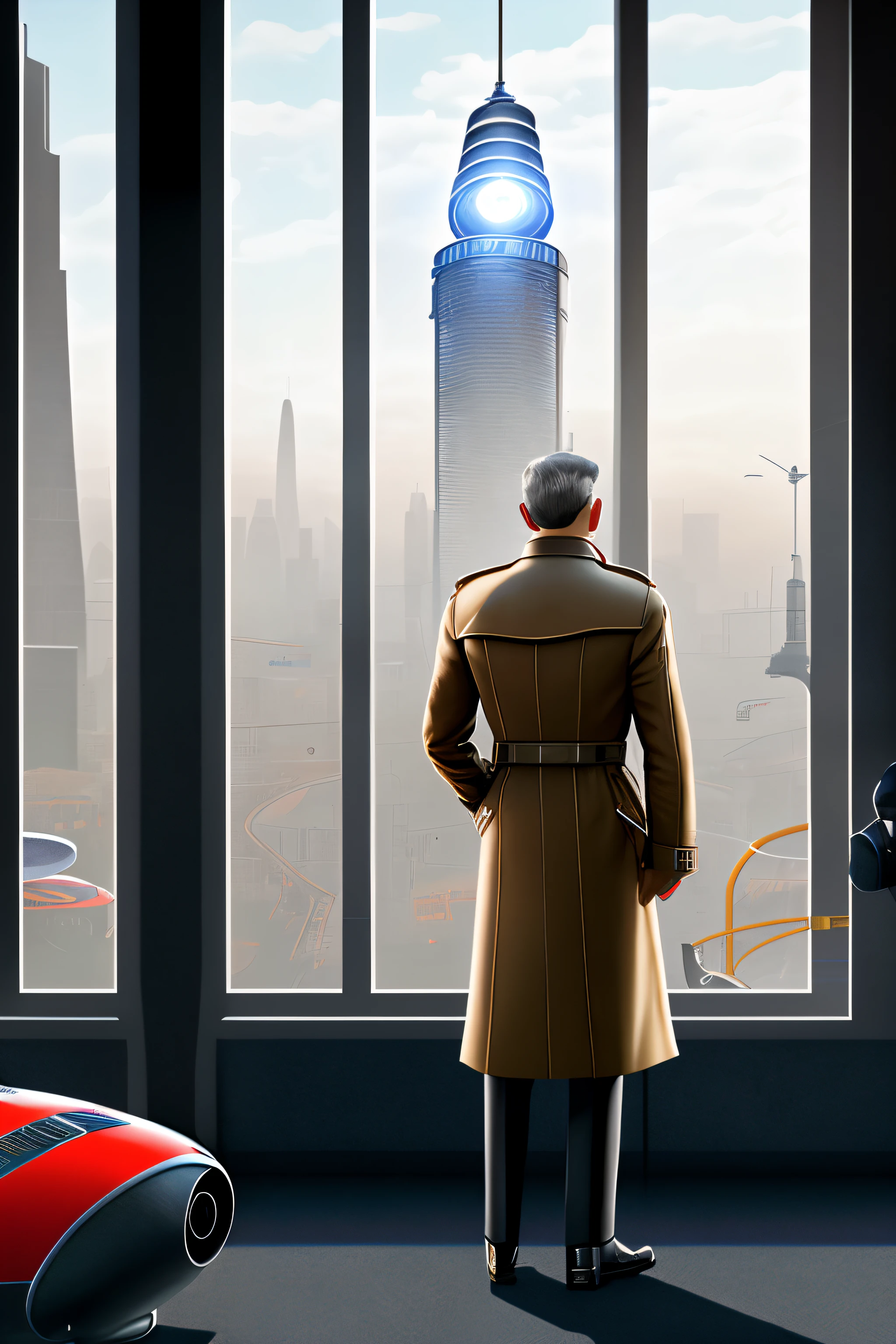 Highly realistic, detailed image of a seasoned detective in his 50s, wearing a trench coat, standing near a window, peering out at a futuristic robot on a playground. Middle-aged detective, experienced expression, trench coat attire, observant gaze, natural lighting, detailed facial features, vintage detective vibe, reflective glass window, playground setting, futuristic robot, advanced technology, sleek robot design, playground equipment, professional DSLR capture, high-resolution details, authentic detective portrayal, detailed environment, contemplative detective, thoughtful expression, captured by a skilled photographer.