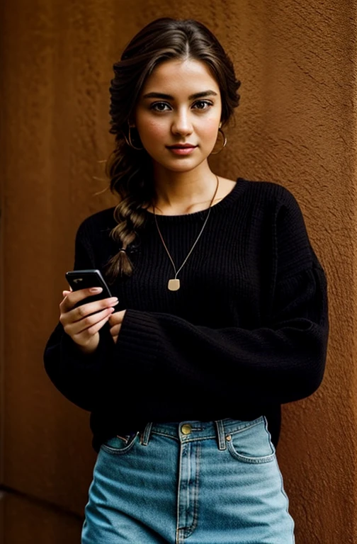 "Imagine a PORTRAIT of a friendly 27-year-old AmerICAN. She has short,neatly plaited and braided BROWN hair, striking brown eyes. DRESSED PROFESSIONALLY" POSING AND HOLDING HER IPHONE 11 PRO MAX."