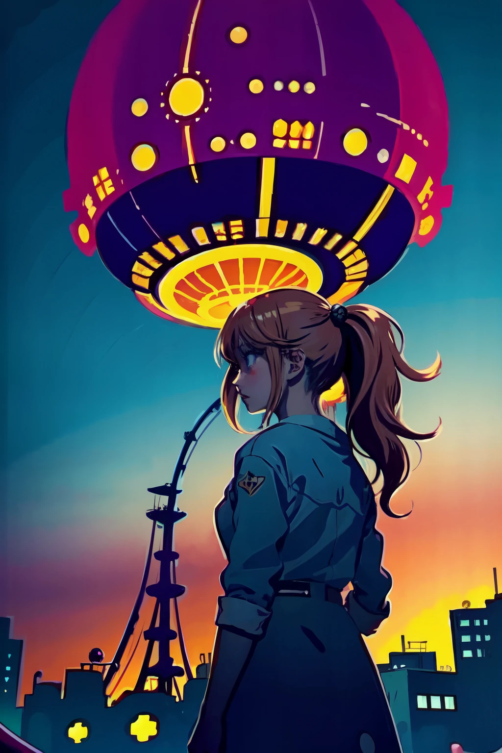 1girl, (Sketch:1.2),  anime key visual,  landscape of a Otherworldly Brutal Amusement park  and Megalopolis, Clear skies, Horror, F/8, Velvia