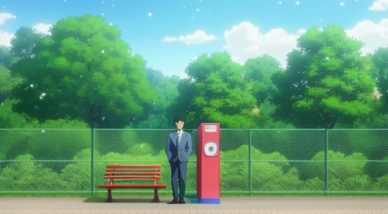 Cartoon scene of a man standing next to a bench in front of a fence, Still from TV animation, anime scene, in the anime film, animation still frame, anime film still, park in background, kyoto animation still, Anime screenshots, Set in the park, anime movie screenshot, against a scenic background, In the anime, high quality anime movie still