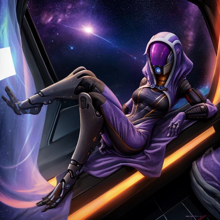 1girl, solo, highres, ultra detailed, 1quarian, tali, extremely detailed eyes, space, outer space, on a space station, purple-tinted visor, slender, beautiful hips, full body portrait