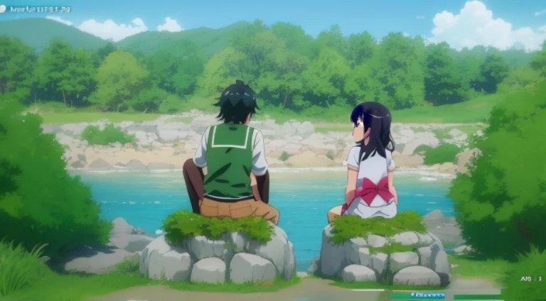 Animation scene of two people sitting on rocks by the river, anime yulu camp, yuruying, Today’s recommended anime still, anime still images, anime still frame, Anime screenshots, anime scene, Still from TV animation, yama no susume, Official animation stills, Screenshots from the 2012 animation, animation still frame