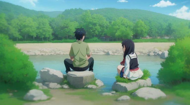 Animation scene of two people sitting on rocks by the river, anime yulu camp, yuruying, Today’s recommended anime still, anime still images, anime still frame, Anime screenshots, anime scene, Still from TV animation, yama no susume, Official animation stills, Screenshots from the 2012 animation, animation still frame