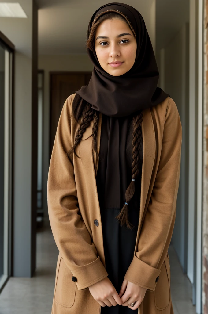 "Imagine a PORTRAIT of a friendly 27-year-old AmerICAN. She has short,neatly plaited and braided BROWN hair, striking brown eyes. DRESSED PROFESSIONALLY" WEARING A HIJAB."