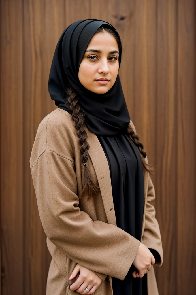 "Imagine a PORTRAIT of a friendly 27-year-old AmerICAN. She has short,neatly plaited and braided BROWN hair, striking brown eyes. DRESSED PROFESSIONALLY" WEARING A HIJAB."
