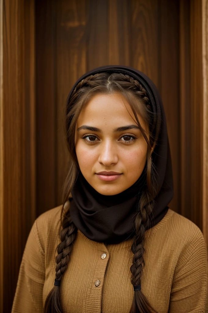 "Imagine a PORTRAIT of a friendly 27-year-old AmerICAN. She has short,neatly plaited and braided BROWN hair, striking brown eyes. DRESSED PROFESSIONALLY" WEARING A HIJAB."