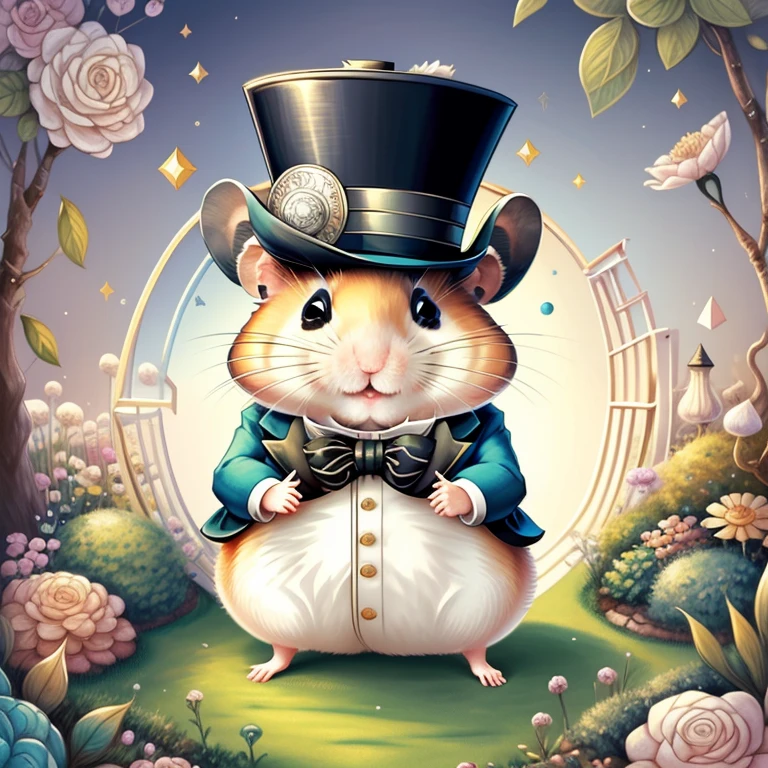 (cute hamster smiling with top hat in a garden), Munchkin ,Geometric multidimensional wall portrait, livro de arte, Tchibi,
Yang08k, Beautiful, Colouring,
Obras, of the highest quality, best quality, Arte Oficial, Beautiful and Aesthetic,