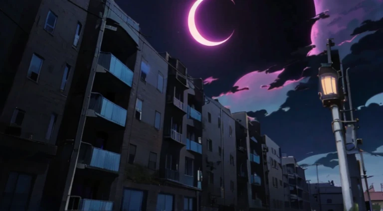 Night view of buildings with crescent moon in the sky, apartment building on the moon, shining crescent moon, Screenshots from the 2012 animation, Kuro anime screenshots, style of madhouse anime, crescent moon in background, Today’s recommended anime  still, Still from TV animation, atmospheric anime, purple sky under moonlight, (The moon  in the background)