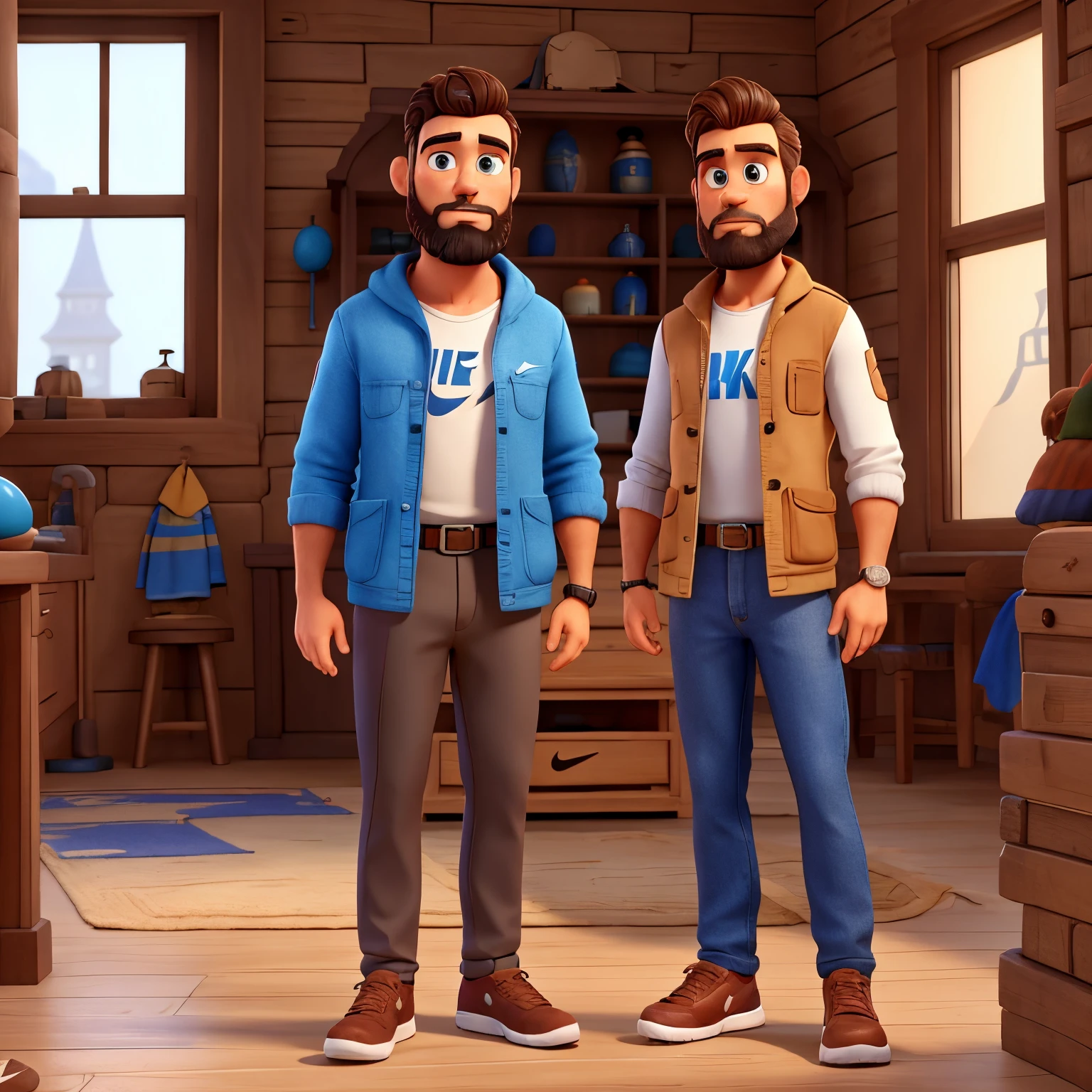 Homem com barba escura olhos puxados e baixinho, vestido com jaqueta nike estilo disney pixar