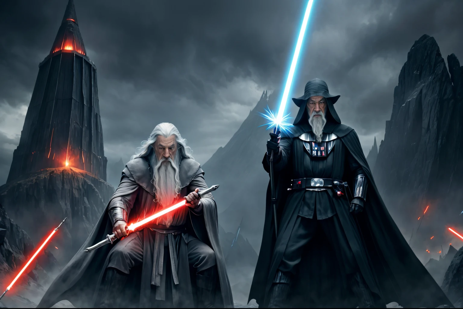 The magician Gandalf with a staff in his hands fights with Darth Vader in the vastness of Mordor, Gandalf has a magic staff with lightning, Darth Vader uses a red lightsaber, in the background you can see a tower with the Eye of Sauron, high detail, Gandalf has a concentrated expression on his face, emphasis on faces, highly cinematic