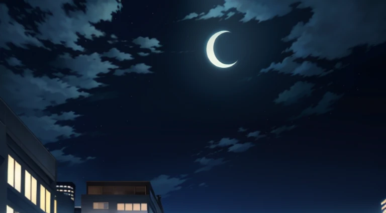 Night view of the city streets,There a crescent moon and clouds, on a clear night sky, shining crescent moon, In the clear and magnificent night sky, crescent moon in background, Today’s recommended anime still, animation still frame, anime backgrounds, New Moon, during night!!, Screenshots from the 2012 animation, Anime Sky, 2 0 1 9 animation screenshots