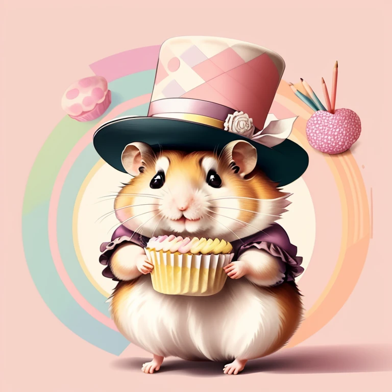 (cute hamster smiling with pink top hat holding a cupcake), Munchkin ,Geometric multidimensional wall portrait, livro de arte, Tchibi,
Yang08k, Beautiful, Colouring,
Obras, of the highest quality, best quality, Arte Oficial, Beautiful and Aesthetic,