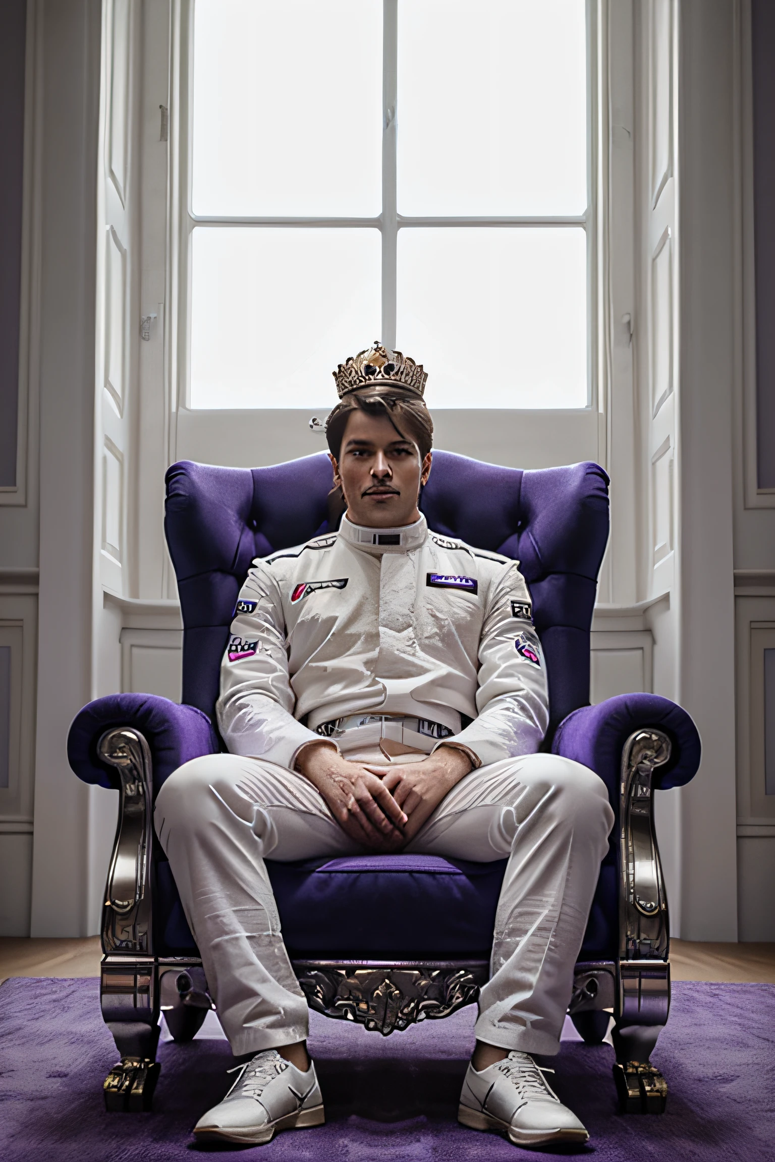 Formula 1 driver sitting on a purple royal throne, sem capacete, usando uma coroa, roupas brancas, imagem ultrarrealista, Front view