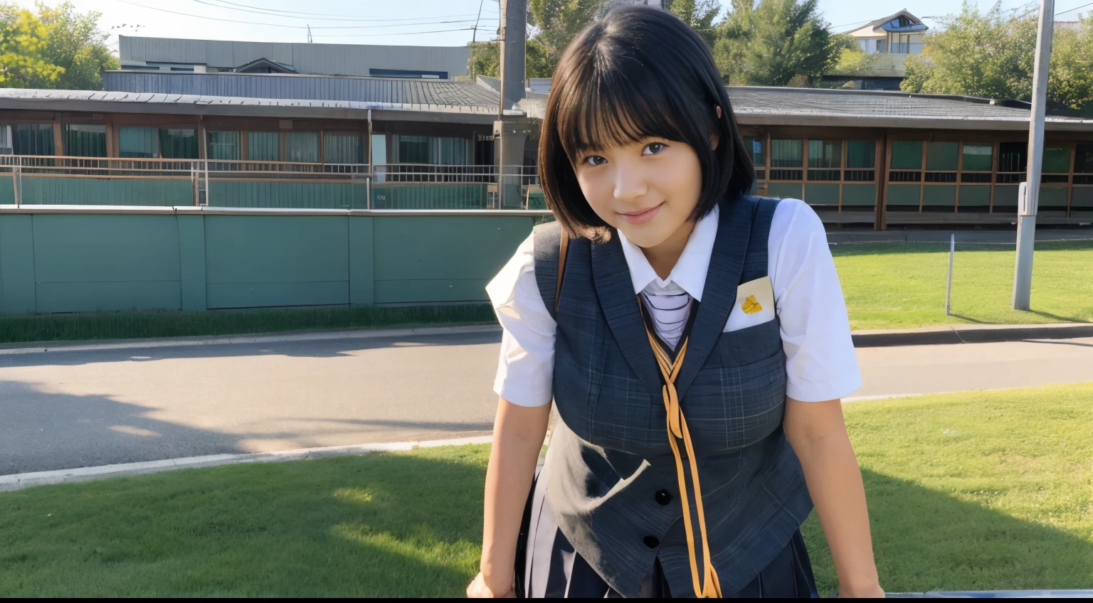 ((masterpiece)), japanese, (a girl), (18 years old), (((school uniform))), smiling, a park, dark blue knit vest, (crouch down on grass), (view from front), blue sky, thighs,