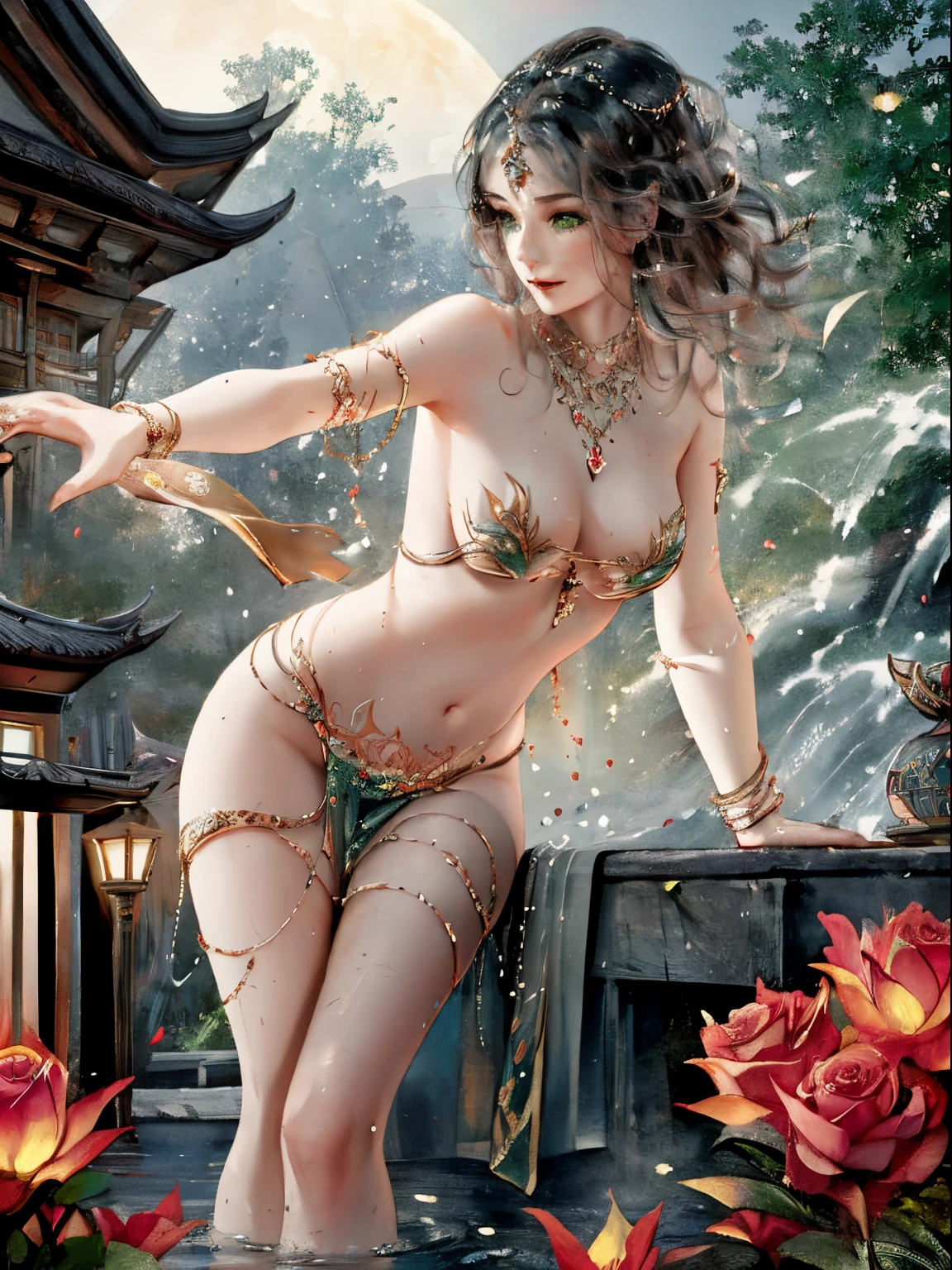 8k, (Female:1.5), Elegant and flexible (Athletic build:1.5), Emerald eyes (Vibrant:1.5), Brown hair (Affluent:1.5), Copper silk, Leaf-shaped decorations, UHD, HDR, Cinematic image , Intricate details, Ultra-realism, Dystopian palace, luxurious atmosphere, Ultra detailed, Stunning image, IMAX, cinematic, Award-winning photo, intricate, low aperture (F1.2), Dramatic lighting, Cinematic composition, professional, eroticism, embedded medieval castle on the mountain, night sky, full moon, dark storm clouds, lightning in the center, beautiful naked goddess, showing vagina, small breasts, sexy pose, sexy erotic body, full body, silver and gold bracelet, waterfall, lamp and lantern , cinematic lighting, photorealistic, 1 girl, 18 years old, (legs open), pink lips, bald pussy, well lit, beautiful and aesthetic: 1.2), (1 girl), extremely detailed, (fractal art: 1.3), colorful, more detailed, beautiful goddess, caucasian girl with shiny silver hair, full female body, wild waves, big waves, oriental mandala tattoos, transparent dresses, skin wet with water, stormy sky, red storm clouds, ancient temple floating in the sea , floating antique clock, lamp, lantern, beautiful girl with a slight smile, forest, flowers and roses, visible vagina, pink vagina, waterfall, tattoos of mandalas and flowers on the naked body, toes immersed in water, beautiful goddess looking at the pond water, front view, no panties, fantasy, world of The Lord of the Rings, magic, tattoos of mandalas and flowers on the naked body, front view, interior of the temple flooded with pond water, Greek column,three interlocking circles form a work of art, magical circles, girl within several circles, long hair merged in water, surreal magical dream, Image rich in details, Clear, painting oil painting, red lipstik , Dramatic lighting, extremely realistic, 8k, Crazy details, intricate, Bokeh, Taken with a 60mm lens, ISO 300, f/4, 1/200th, vivid colors, by Pino Daeni, Vincent Van Gogh, Luis Royo, Frank Frazetta
