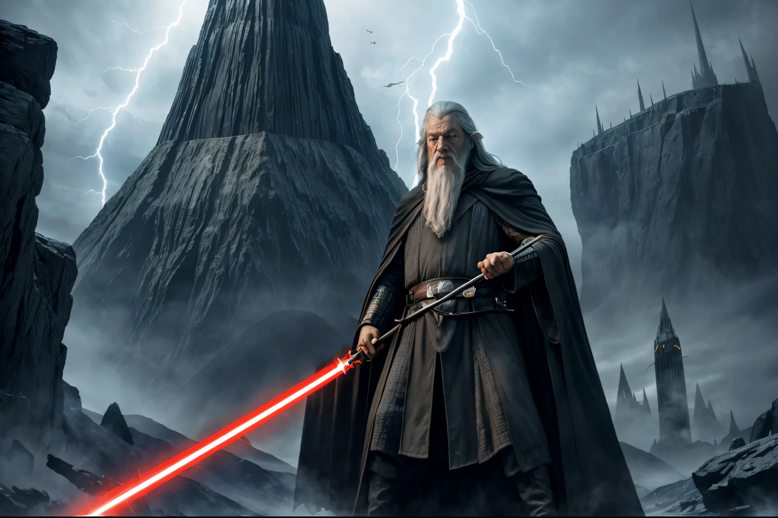 The magician Gandalf with a staff in his hands fights with Darth Vader in the vastness of Mordor, Gandalf has a magic staff with lightning, Darth Vader uses a red lightsaber, in the background you can see a tower with the Eye of Sauron, high detail, Gandalf has a concentrated expression on his face, emphasis on faces,  highly cinematic