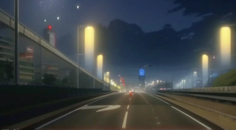 There a car driving on the highway at night, Initial D anime screenshots, Rio de Janeiro in an animated film, anime movie screenshot, Screenshot of the animated movie, Screenshots from the 2012 animation, hd anime cityscape, anime movie backgrounds, anime scene, beautiful anime scenes, random background scene, Anime screenshots