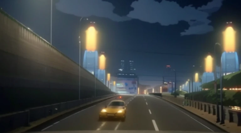 There  a car driving on the highway at night, Initial D anime screenshots, Rio de Janeiro in an animated film, anime movie screenshot, Screenshot of the animated movie, Screenshots from the 2012 animation, hd anime cityscape, anime movie backgrounds, anime scene, beautiful anime scenes, random background scene, Anime screenshots