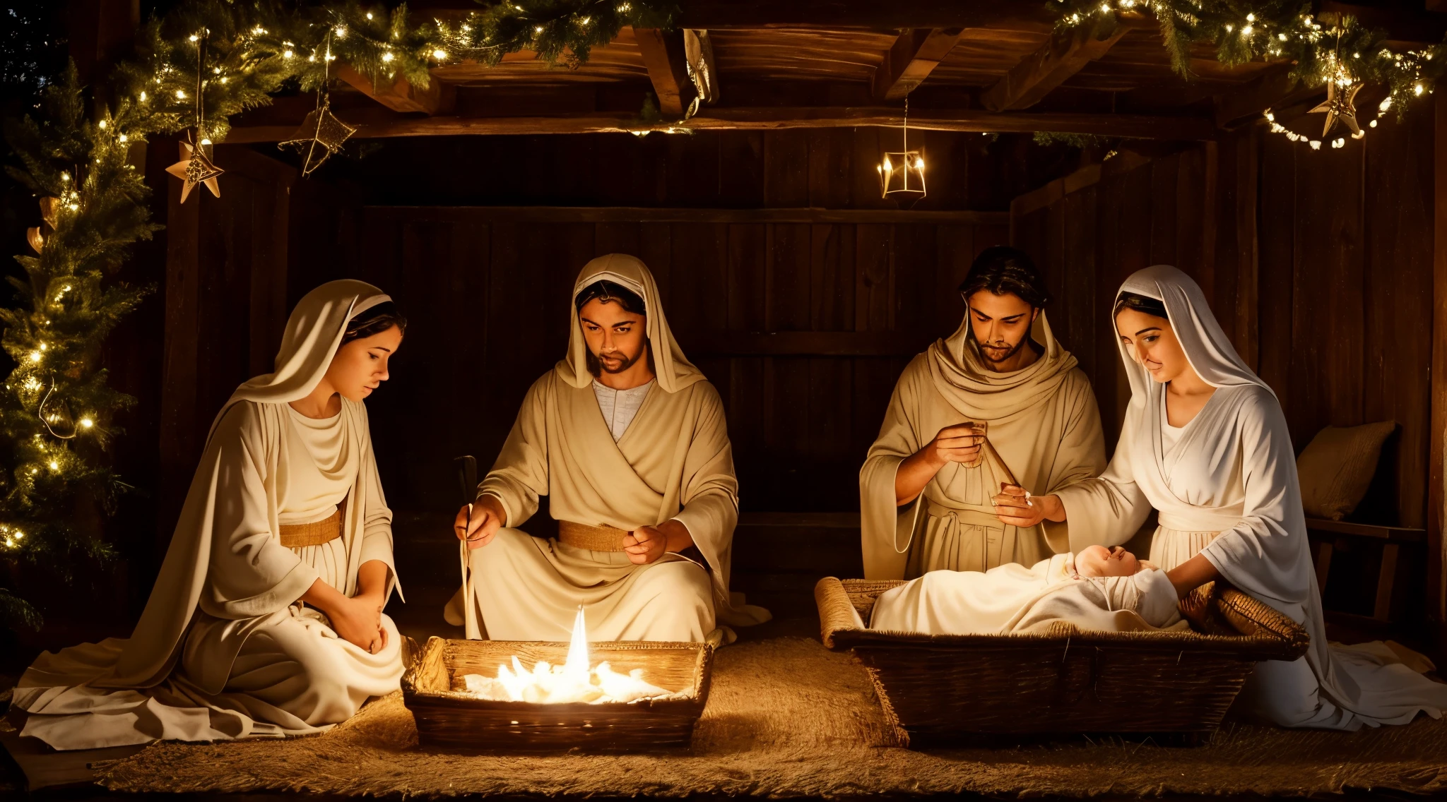 Create an image with the title "O Nascimento do  Jesus." Em formato plano americano. Destaque o Menino na manjedoura, envolto em panos e iluminado por uma luz celestial. ao lado, the female mother Mary and the male father Joseph, with expressions of tenderness and reverence. The setting is a rustic stable with hay, peaceful animals, and a bright guiding star in the sky. Adicione anjos celestiais, um halo luminoso, e os Magos se aproximando com presentes. Capture the serenity and divine importance of the moment.