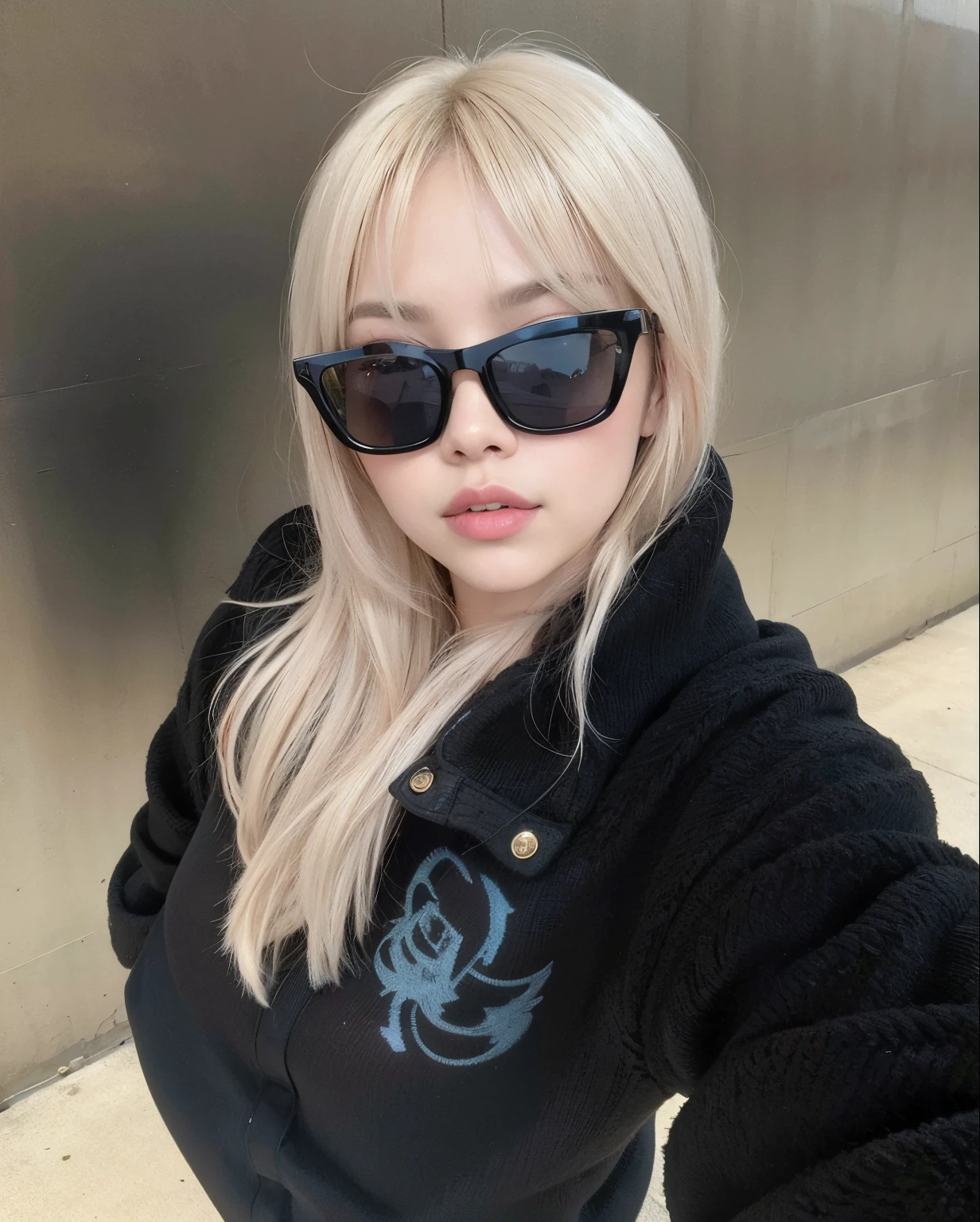 blonde woman with sunglasses taking a selfie in front of a metal wall, Lalisa Manobal, Lalisa Manoban do Blackpink, longos cabelos brancos e franja, Ulzzang, Parque Roseanne do Blackpink, com franja, cabelo comprido com franja completa, com franja completa, cabelos longos com franja, with sun glasses, jossi do blackpink
