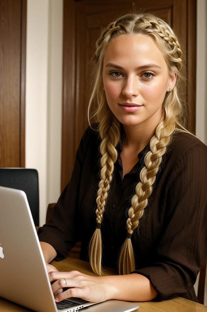 "Imagine a PORTRAIT of a friendly 27-year-old AmerICAN. She has short,neatly plaited and braided BLONDE hair, striking brown eyes. DRESSED PROFESSIONALLY" PRESSING HER LAPTOP."