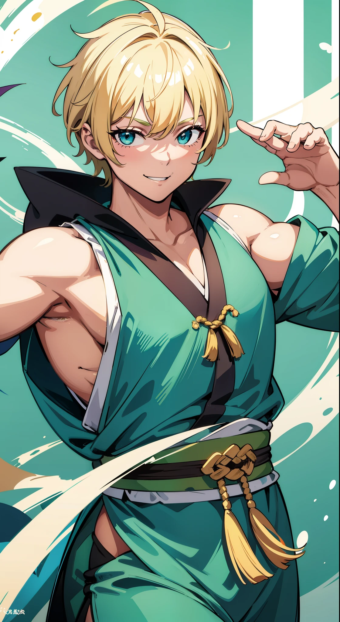 Fat Man, short blonde hair, Cyan eyes, Green Hanfu sleeveless, Drunken Master, Smile, Masterpiece, hiquality