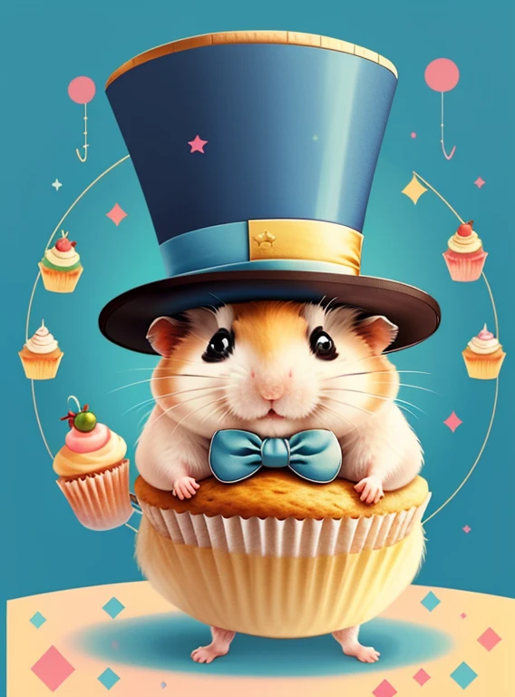 (cute hamster smiling with blue top hat holding a cupcake), Munchkin ,Geometric multidimensional wall portrait, livro de arte, Tchibi,
Yang08k, Beautiful, Colouring,
Obras, of the highest quality, best quality, Arte Oficial, Beautiful and Aesthetic,