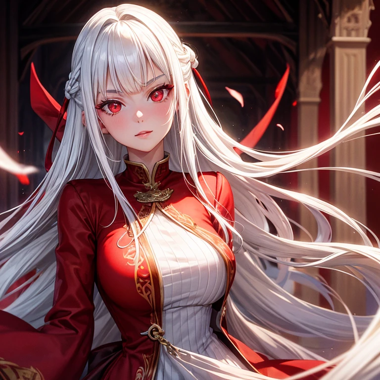 22 year old woman, straight nose, straight lips, long straight white hair, large red eyes wearing a red medieval style dress.