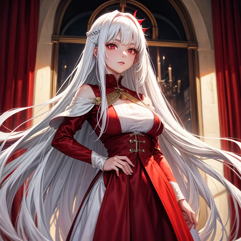 beautiful illustration, illustration style. Style ilustration anime. ((Alone, 1 girl)). excellent quality, fine details, delicate details, 1 woman, girl alone. Perfect hands, excellent anatomy, bust angle.
beautiful girl, has a slim figure. Her skin is pale and without blemishes. Her hair is long, Wavy, platinum white that reaches to the hips. ((Eyes red color)). enigmatic aura. friendly expression. Medium to large breasts.
Long dresses in black tones, White and red, often with a corset.