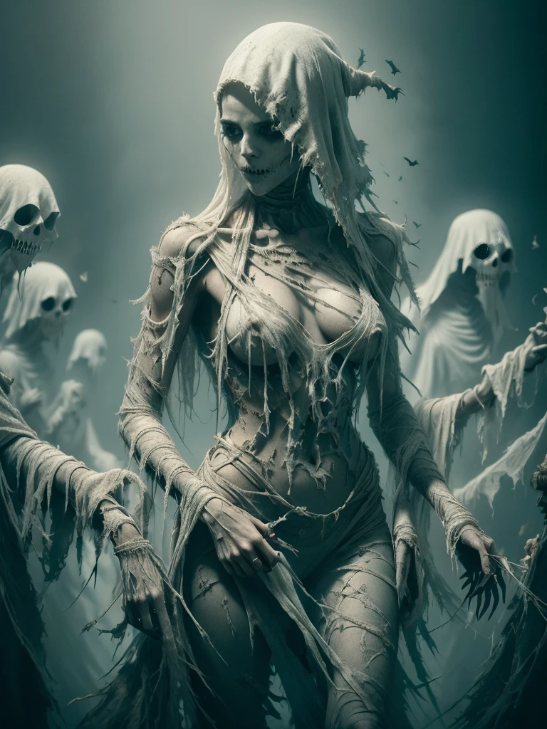 (ghost, spitits), ghostdarksouls, young woman, medium shot, (palms pressed against canvas) ghostly body, tattered ghostly clothes, (detailed clothes), ghost in background, spirit energy, trapped in a haunted oil painting, hyperrealism, ghostly, trapped, (panicking, screaming), peter mohrbacher, pierre terblanche, trending on artstation