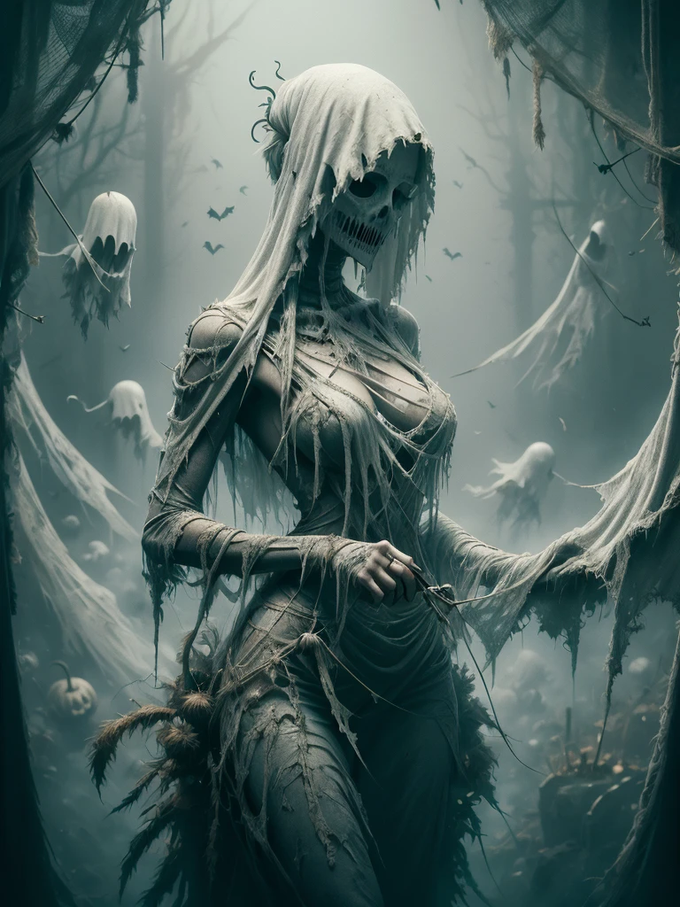 (ghost, spitits), ghostdarksouls, young woman, medium shot, (palms pressed against canvas) ghostly body, tattered ghostly clothes, (detailed clothes), ghost in background, spirit energy, trapped in a haunted oil painting, hyperrealism, ghostly, trapped, (panicking, screaming), peter mohrbacher, pierre terblanche, trending on artstation