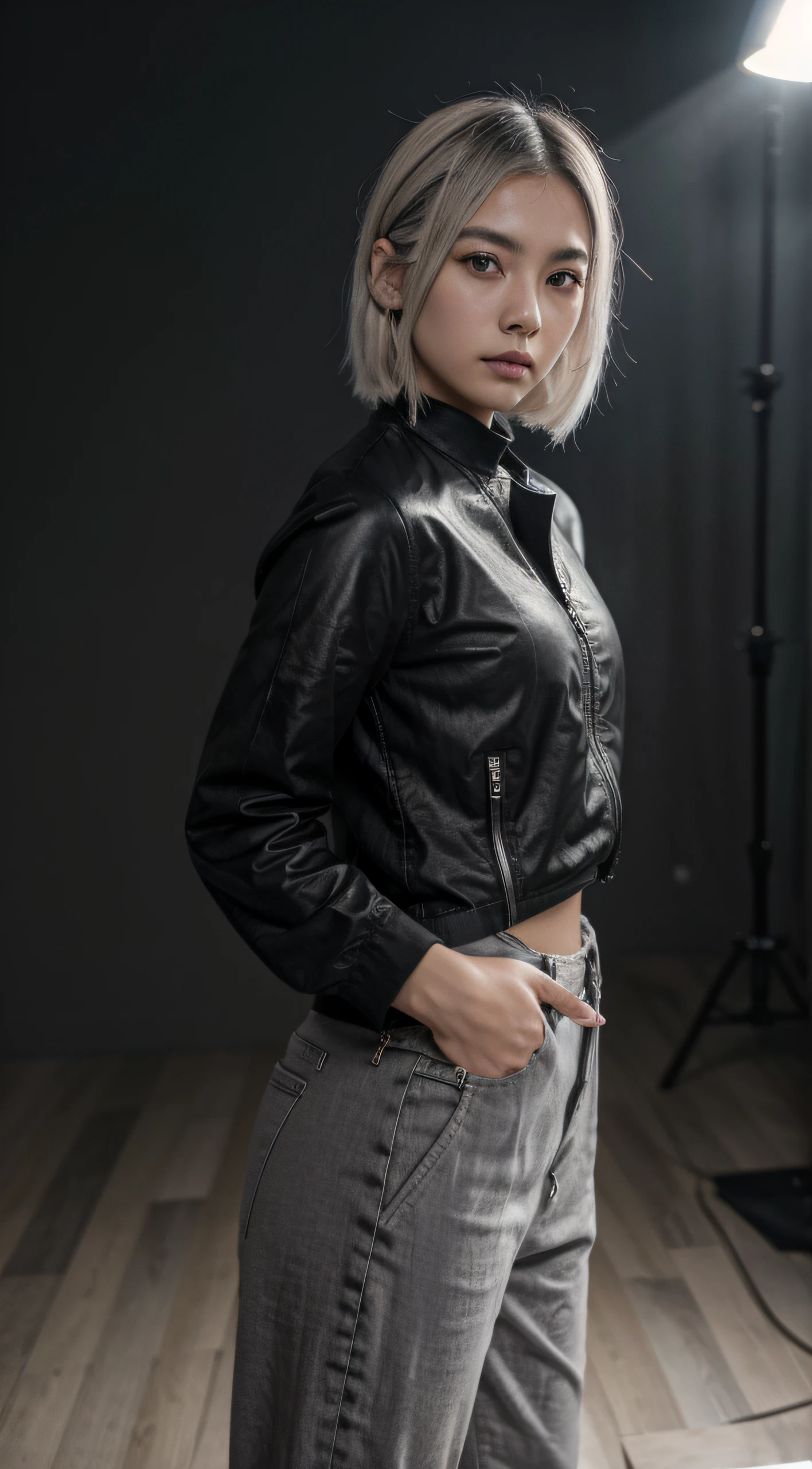 plano detalle, 20-year-old, Asian girl, asian factions, French Bob Style Hair, dyed white hair, ojos verdes, Looking at the camera, Retrato fotorrealista, enorme detalle, piel texturizada, piel detallada, chaqueta negra, pantalones tejanos, estilo kpop, cara ultradetallada, estilo de imagen hiperrealista, fotografia de revista, fotografia de estudio, posando, luz artificial, profesional photography, 4k (aislado sobre fondo gris oscuro:1.2), dynamic pose, (Soft lighting:1.4), tomada con Canon EOS 5D,