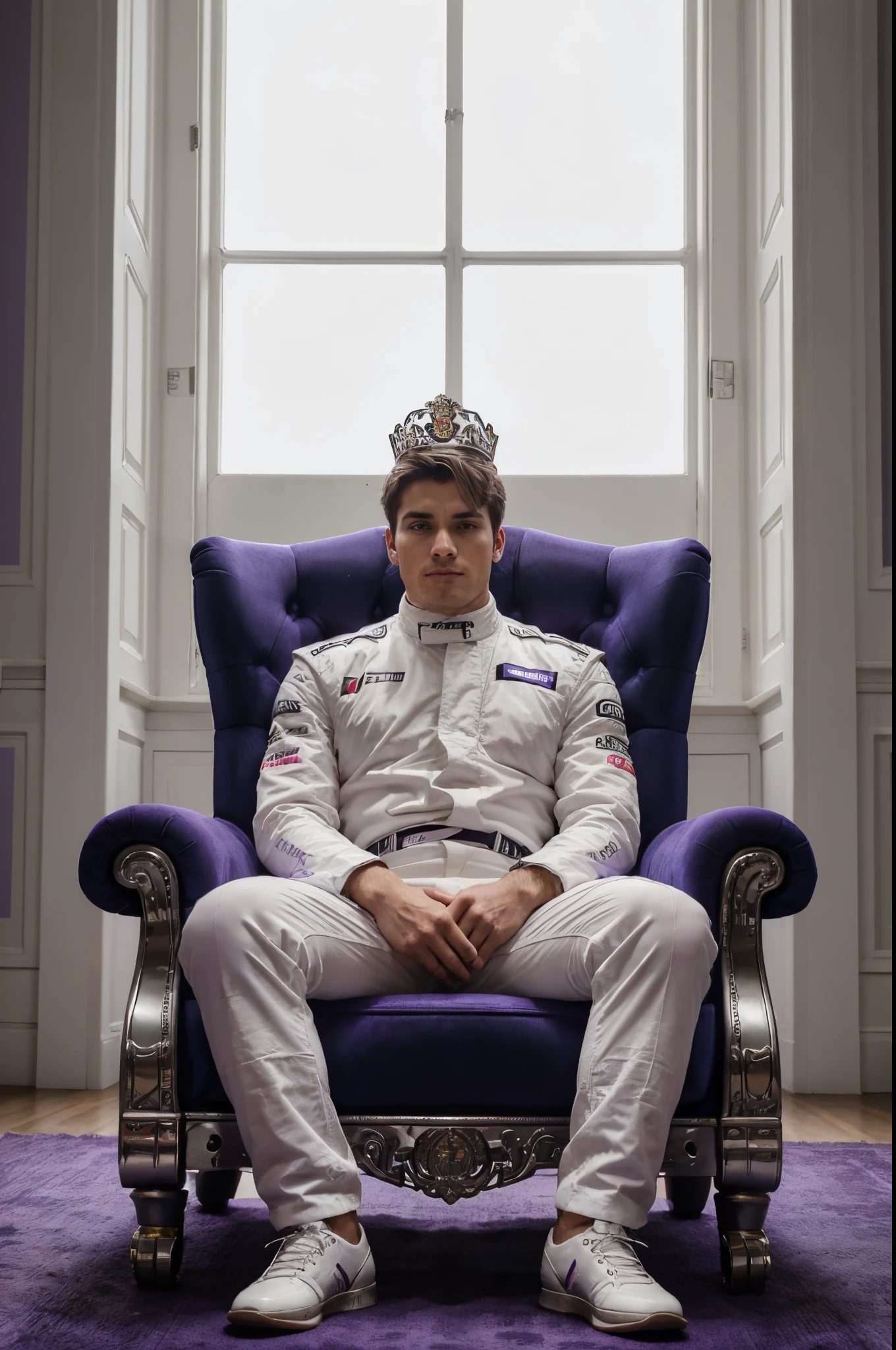Formula 1 driver sitting on a purple royal throne, sem capacete, usando uma coroa, roupas brancas, imagem ultrarrealista, Front view, wide angle