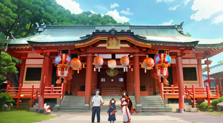 Animation scene of family standing in front of red building, in front of a temple, Inari Shrine, anime yulu camp, This shrine, shrines, anime scene, in front of temple, Near this shrine, Today’s recommended anime still, Screenshot of the animated movie, heroine ben vivid scenery, Anime stills animation style