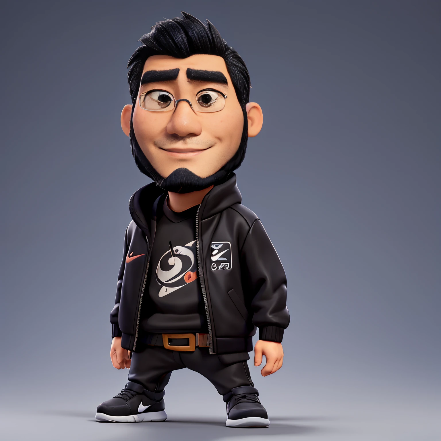 Japanese man with dark beard dressed in black Nike jacket. Estilo Disney Pixar