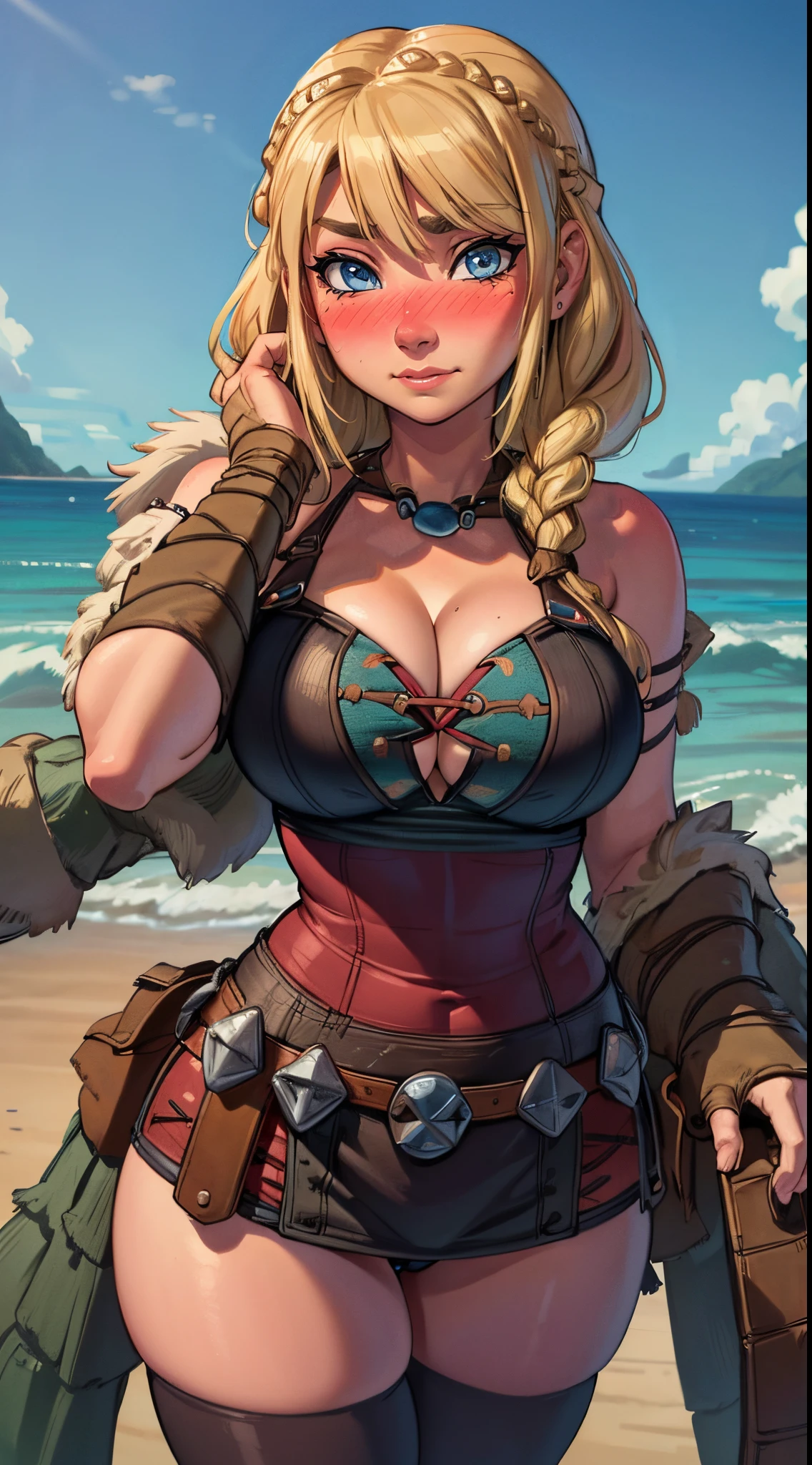 (best quality:1.3), (4k quality), 1 mature woman, Astrid from How to Train Your Dragon, ((Detailed face)), ((blushing)), (Big boobs), cleavage, sexy(curvy body),  ((hair braids)) , (Beach), ((thongbikini))