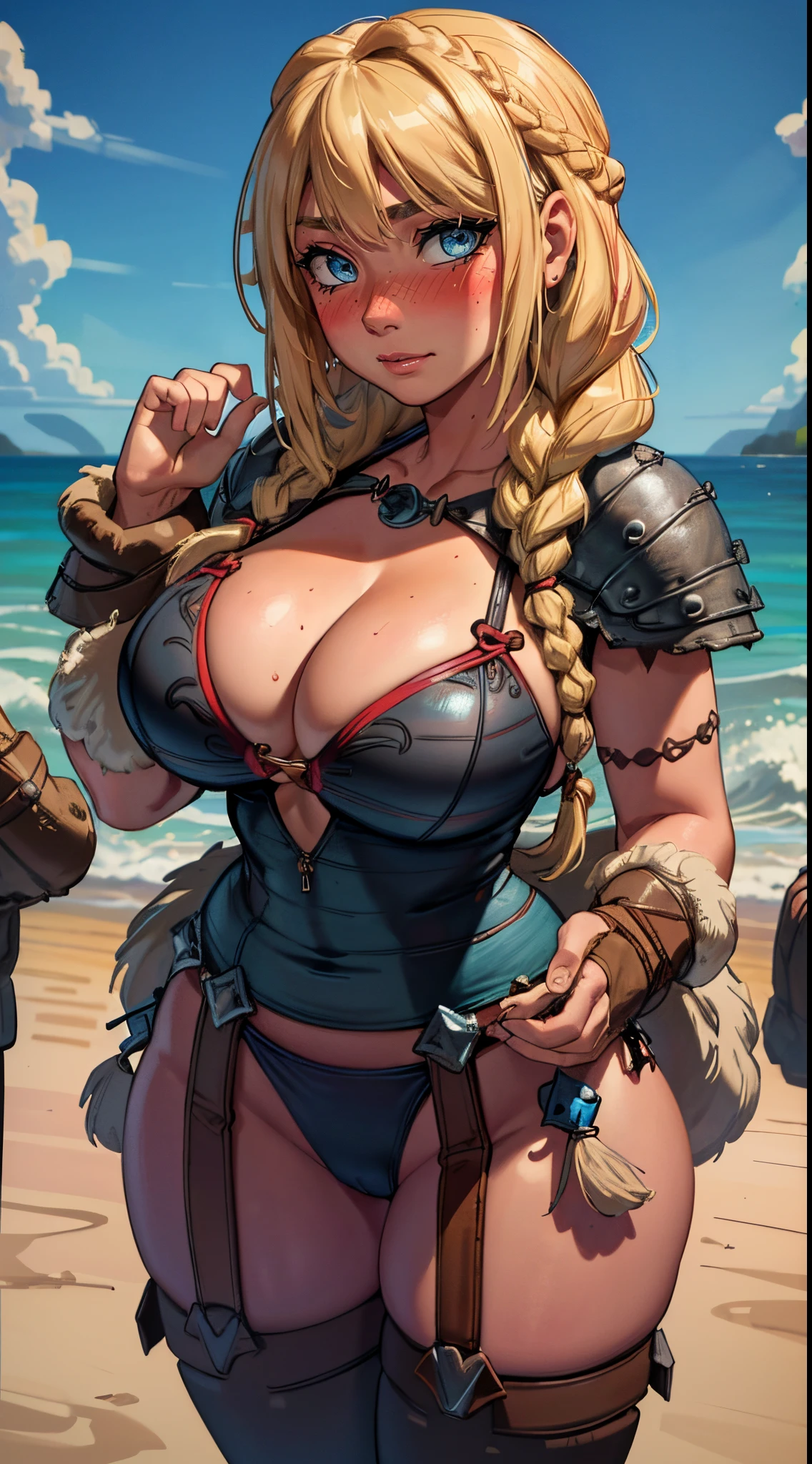 (best quality:1.3), (4k quality), 1 mature woman, Astrid from How to Train Your Dragon, ((Detailed face)), ((blushing)), (Big boobs), cleavage, sexy(curvy body),  ((hair braids)) , (Beach), ((thongbikini))