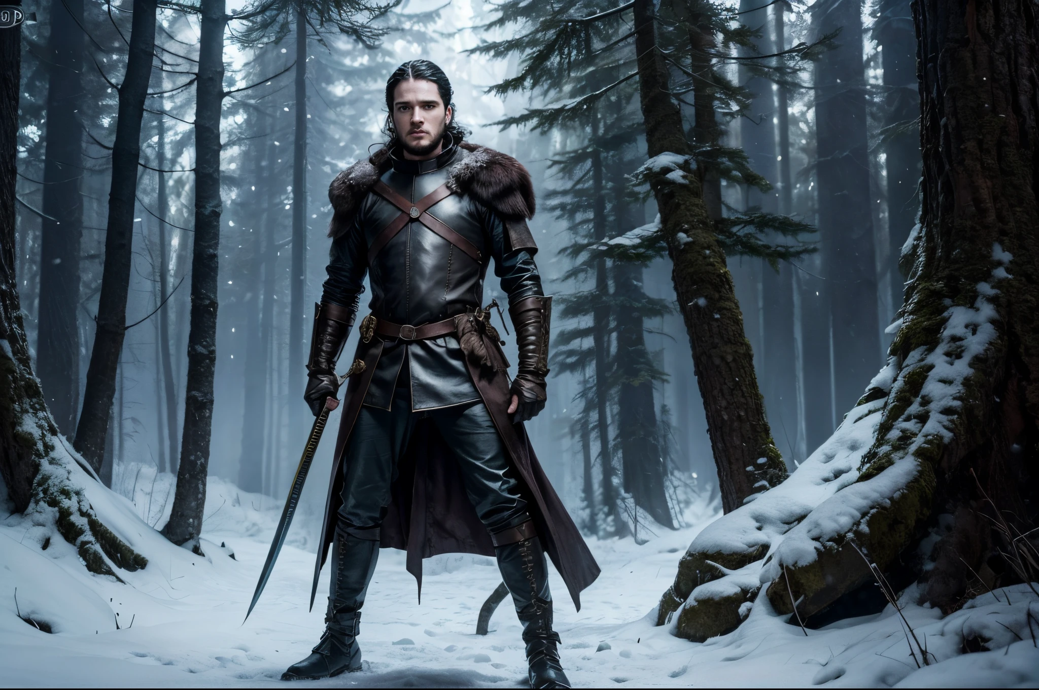 Jon Snow character from the HBO TV series Game of Thrones, male, ranger, holding golden sword, wearing dark leather, fantasy style, standing in a forest, perfect proportion, dungeons and dragons style, 8K picture quality, shimmer, delicate picture, full body shot, character sheet, 3d, cgi