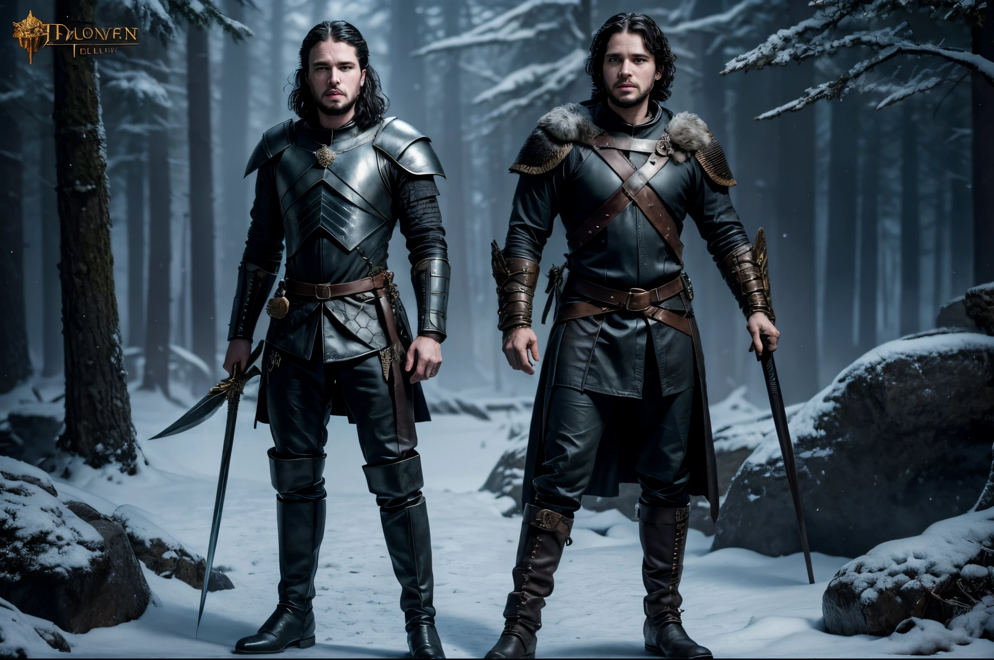 Jon Snow character from the HBO TV series Game of Thrones, male, ranger, holding golden sword, wearing dark leather, fantasy style, standing in a forest, perfect proportion, dungeons and dragons style, 8K picture quality, shimmer, delicate picture, full body shot, character sheet, 3d, cgi
