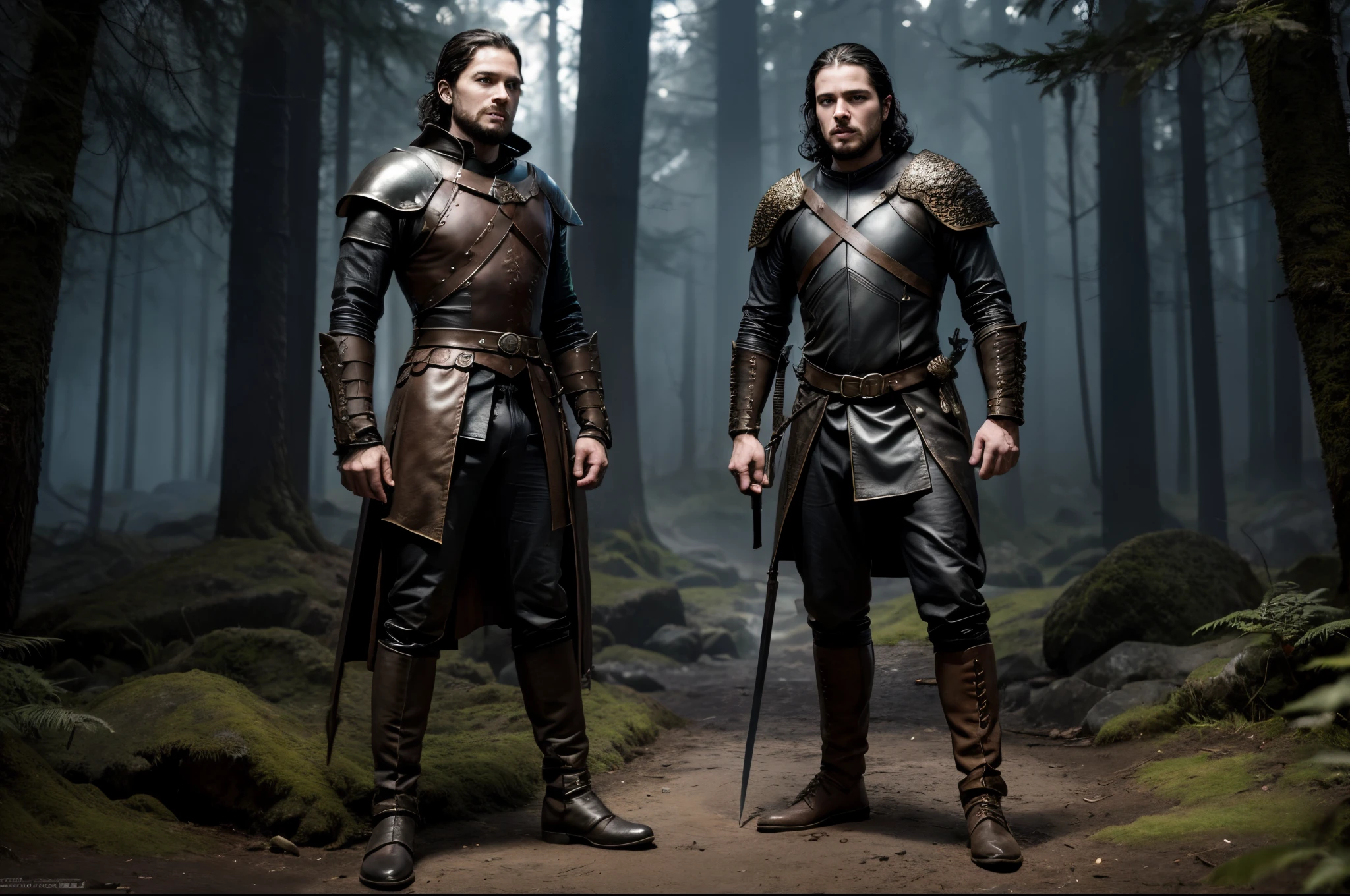 Jon Snow character from the HBO TV series Game of Thrones, male, ranger, holding golden sword, wearing dark leather, fantasy style, standing in a forest, perfect proportion, dungeons and dragons style, 8K picture quality, shimmer, delicate picture, full body shot, character sheet, 3d, cgi