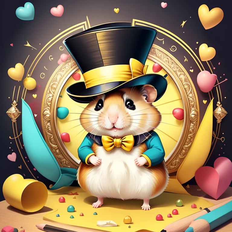 (cute hamster smiling with yellow top hat holding a big red heart), Munchkin ,Geometric multidimensional wall portrait, livro de arte, Tchibi,
Yang08k, Beautiful, Colouring,
Obras, of the highest quality, best quality, Arte Oficial, Beautiful and Aesthetic,