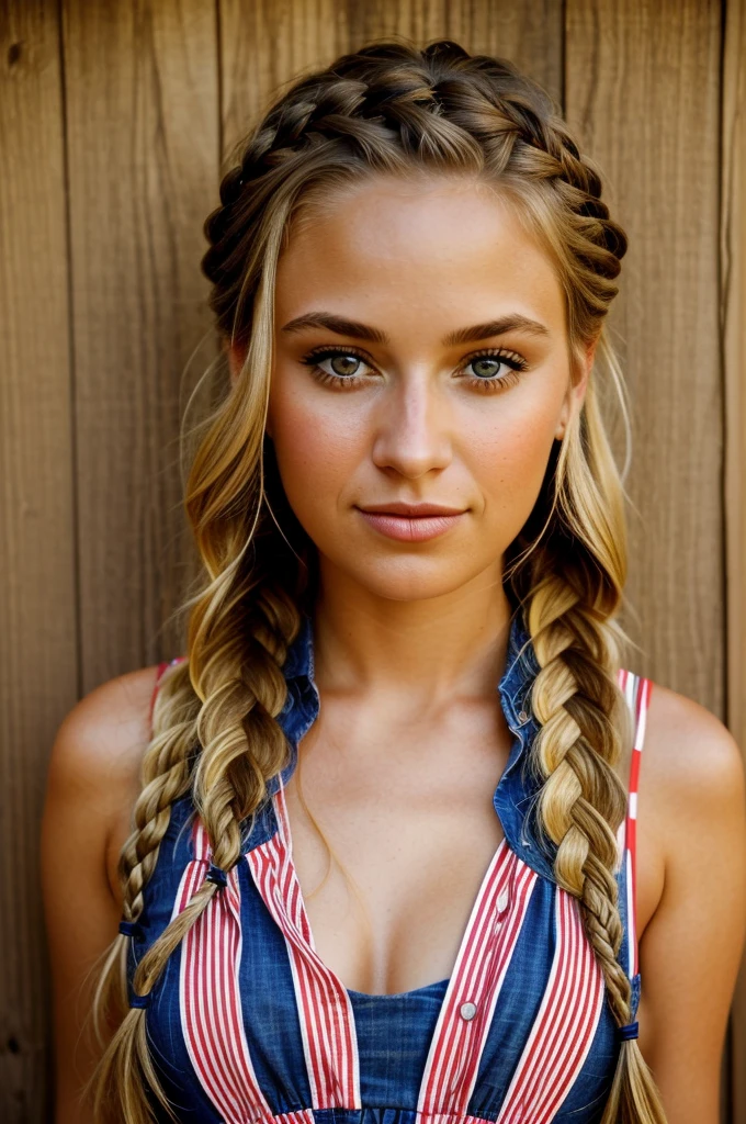 "Imagine a PORTRAIT of a friendly 27-year-old AmerICAN. She has short,neatly plaited and braided BLONDE hair, striking brown eyes. DRESSED IN 4TH OF JULY DRESS" CELEBRATING 4TH OF JULY SEXY."